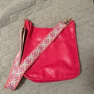Pink Leather Crossbody Bag with Embroidered Strap